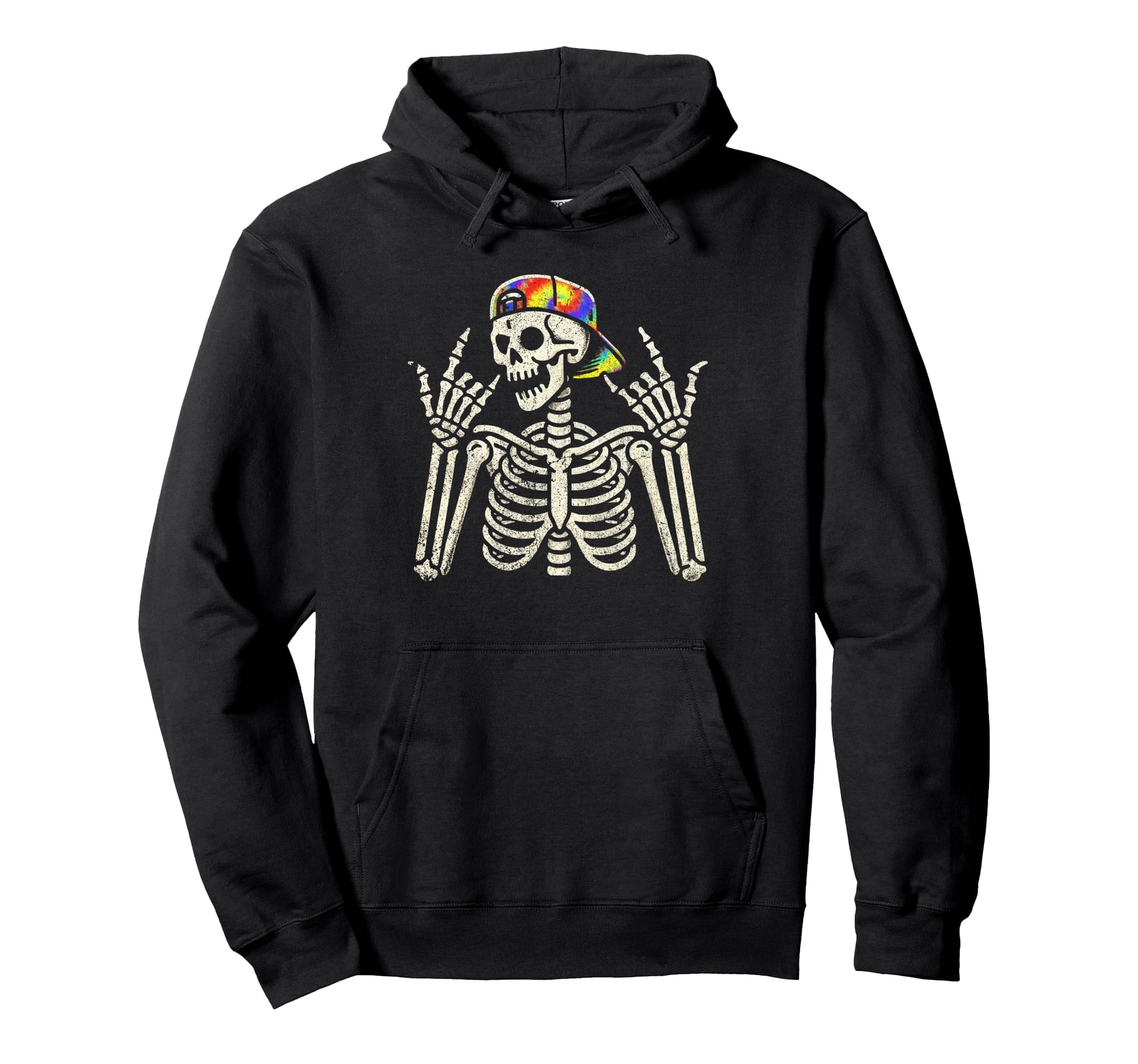 Skeleton Sunglasses Rock Sign Tie Dye Hoodie - Aesthetic Graphic Men Women - T-Shirt, Sweatshirt, Hoodie