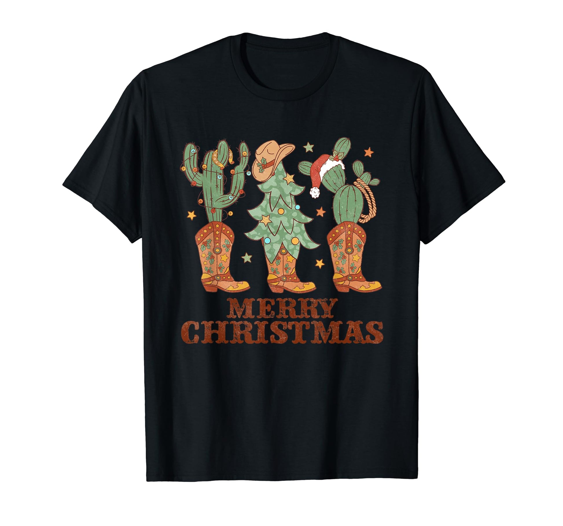 Merry Western Boots Trees Cactus Hat T-Shirt - Trendy Graphic for Adults - T-Shirt, Sweatshirt, Hoodie