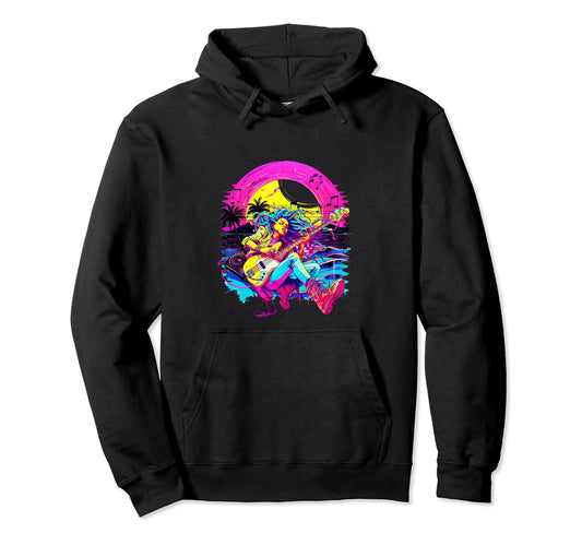 80S 90S Streetwear Synthwave Guitar Lady Hoodie - Aesthetic Graphic Unisex - T-Shirt, Sweatshirt, Hoodie