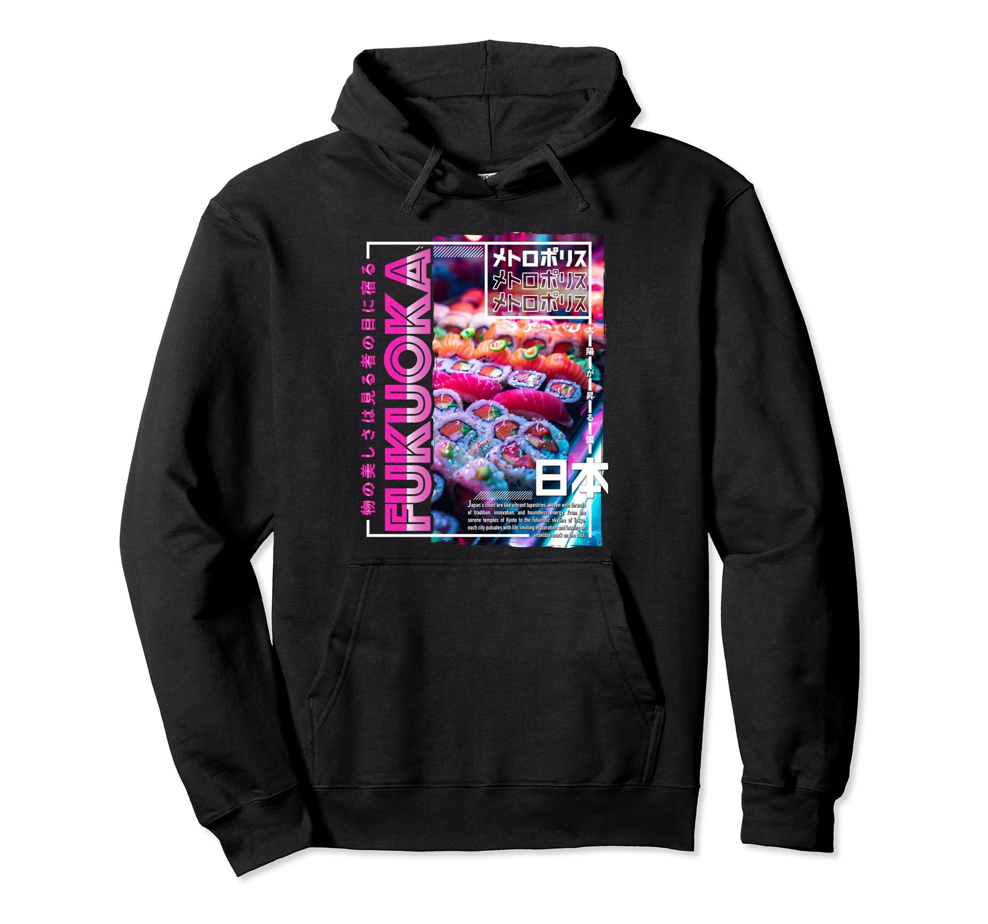 Fukuoka City 80S Synthwave Sushi Japan Hoodie - Graphic Print Men Women - T-Shirt, Sweatshirt, Hoodie
