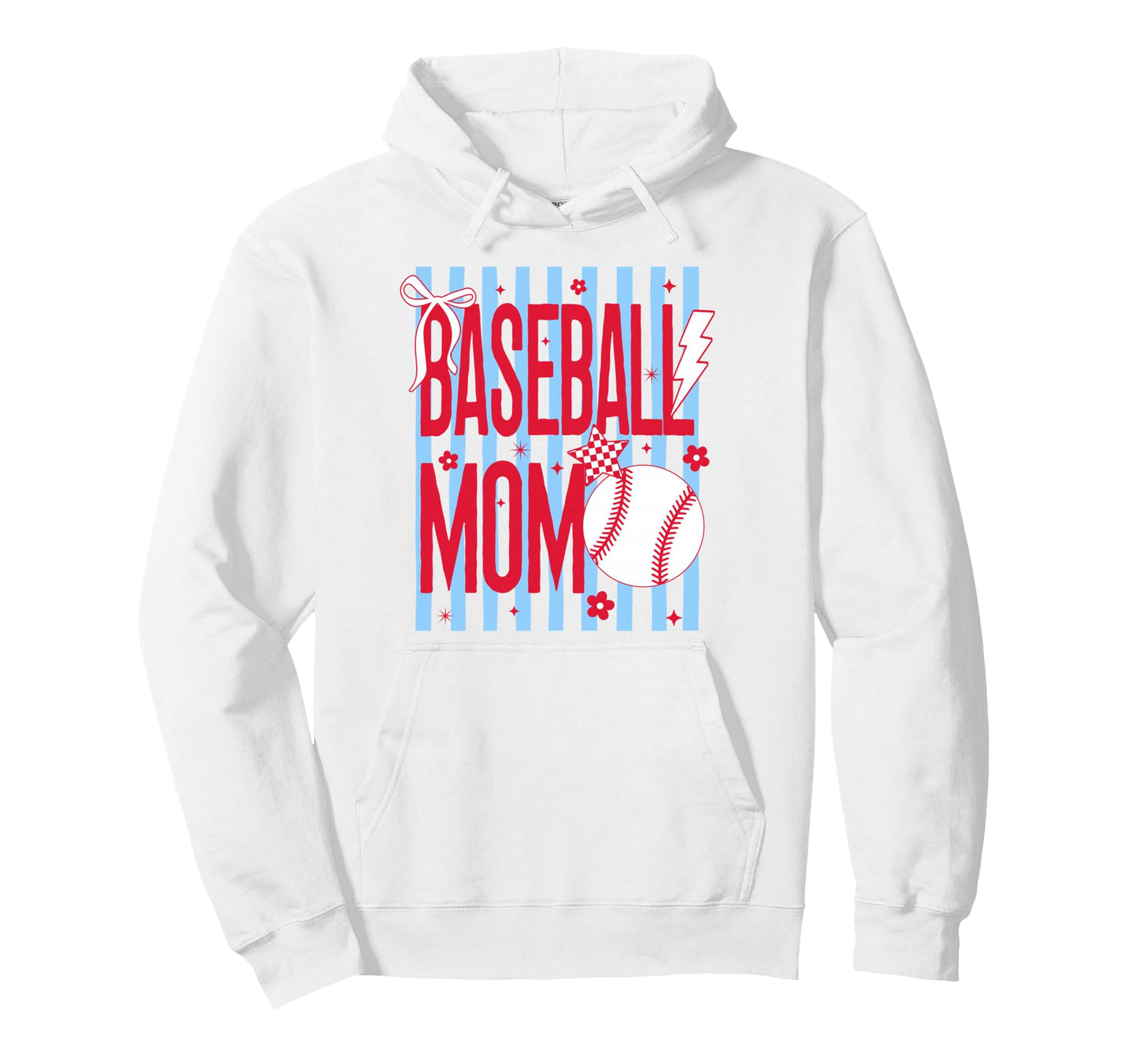 Baseball Mom Patriotic Striped Bow Hoodie - Casual Everyday Wear Men Women - T-Shirt, Sweatshirt, Hoodie