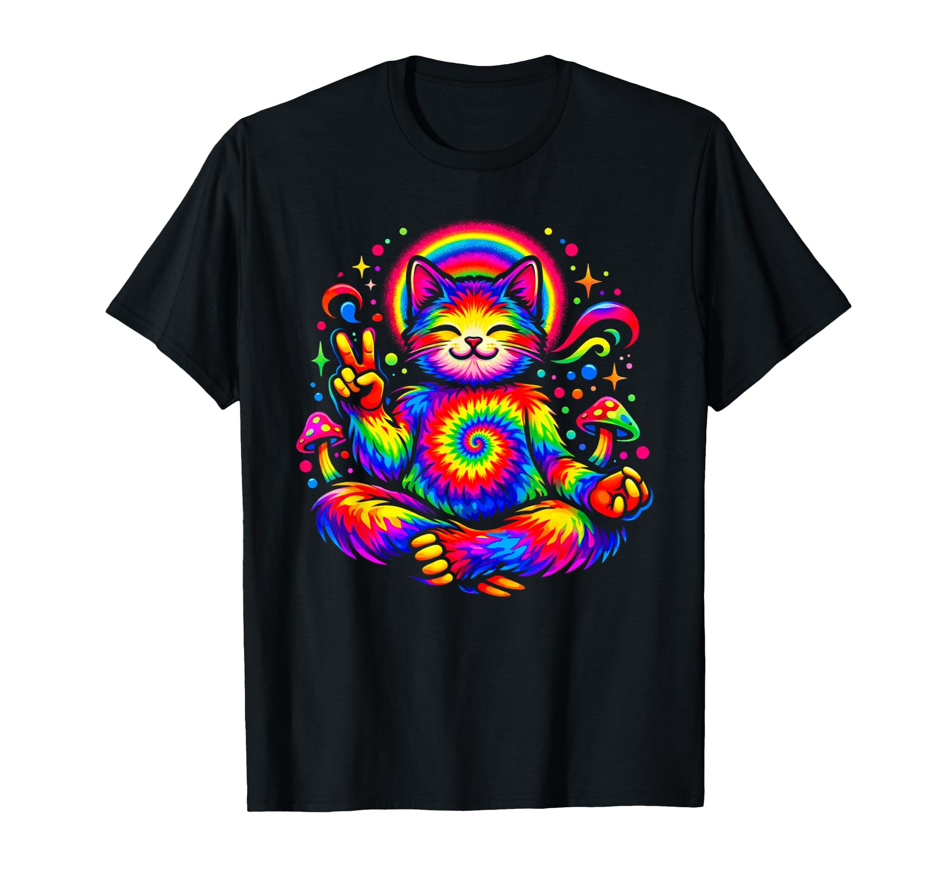Psychedelic Rainbow Cat Peace Sign T-Shirt - Custom Art Print Men Women - T-Shirt, Sweatshirt, Hoodie