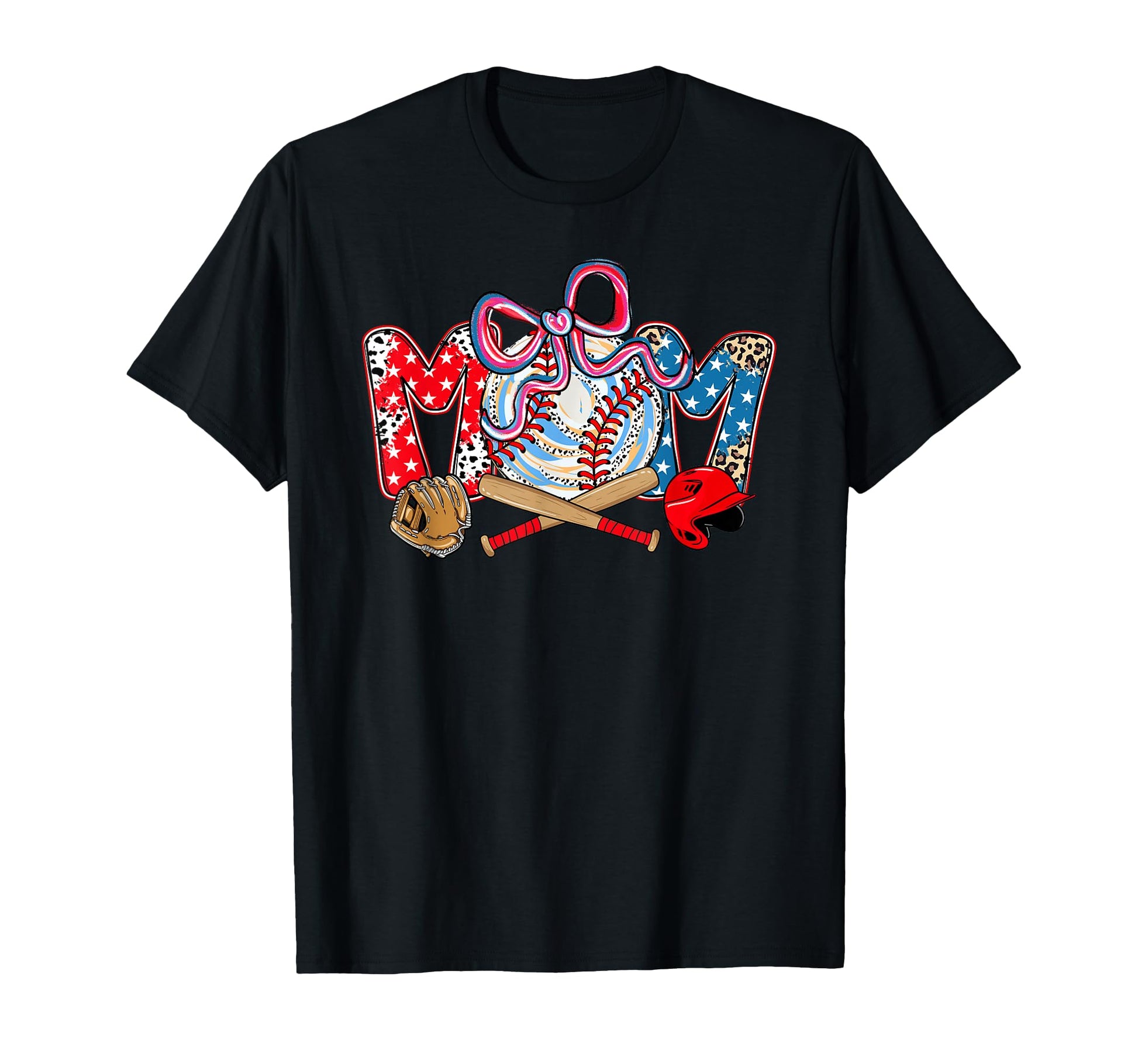 Baseball Mom Bow Stars Leopard T-Shirt - Trendy Graphic for Adults - T-Shirt, Sweatshirt, Hoodie