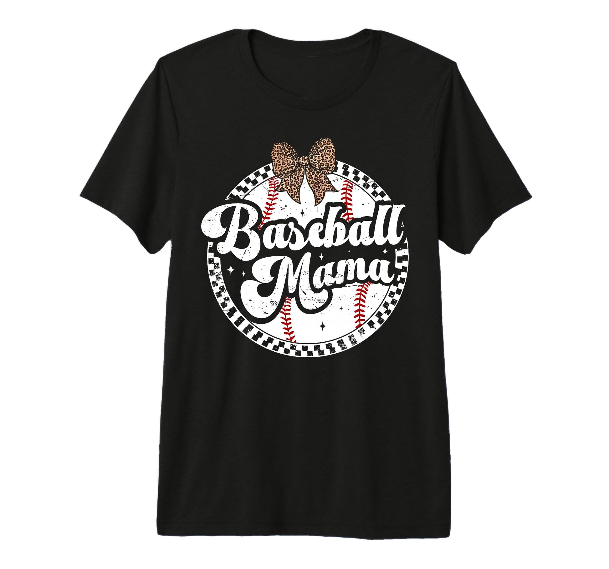 Baseball Mom Leopard Bow Checkered Mama T-Shirt - Trendy Graphic Unisex - T-Shirt, Sweatshirt, Hoodie