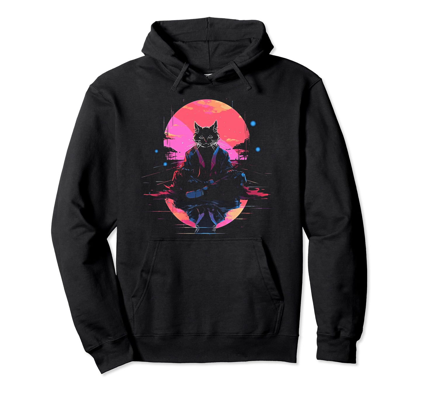 Synthwave Cat Samurai Mediation Hoodie - Casual Everyday Wear Men Women - T-Shirt, Sweatshirt, Hoodie