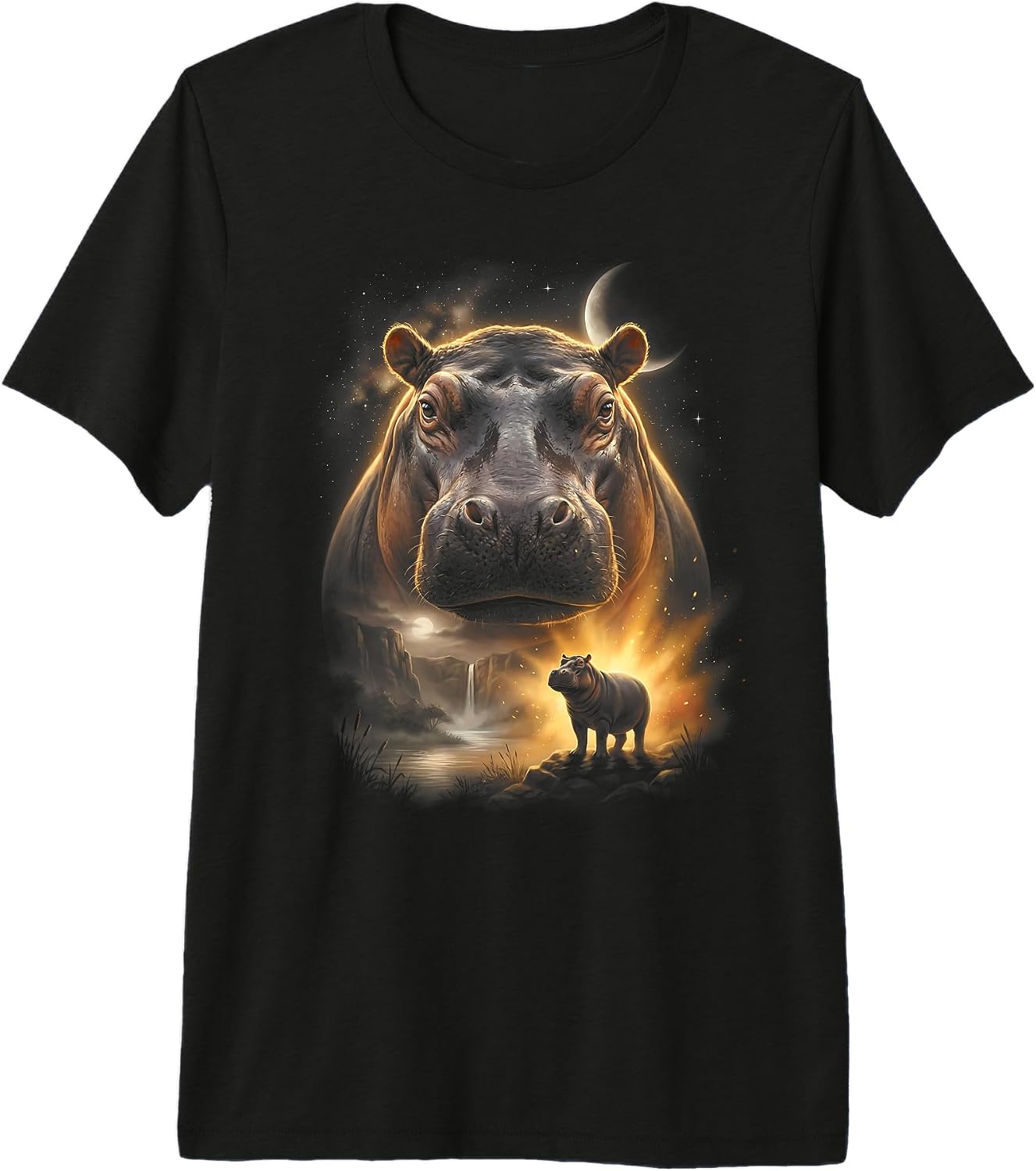 Moonlit Hippopotamus Howling Art Designs - Adult & Kids T-Shirts, Sweatshirts & Hoodies apparel design preview 1