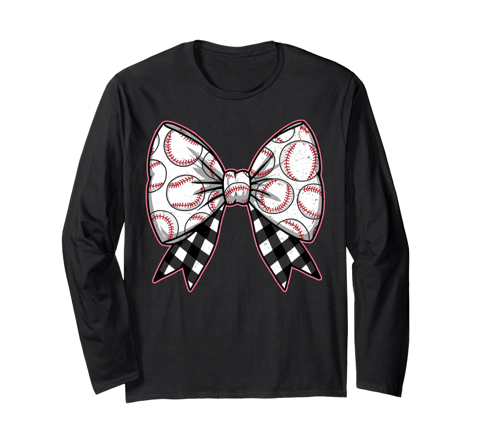 Baseball Bow Softball Ribbon Checkered Gift T-Shirt - Unique Graphic Unisex - T-Shirt, Sweatshirt, Hoodie