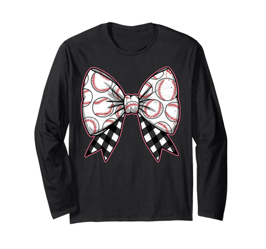 Baseball Bow Softball Ribbon Checkered Gift T-Shirt - Unique Graphic Unisex - T-Shirt, Sweatshirt, Hoodie