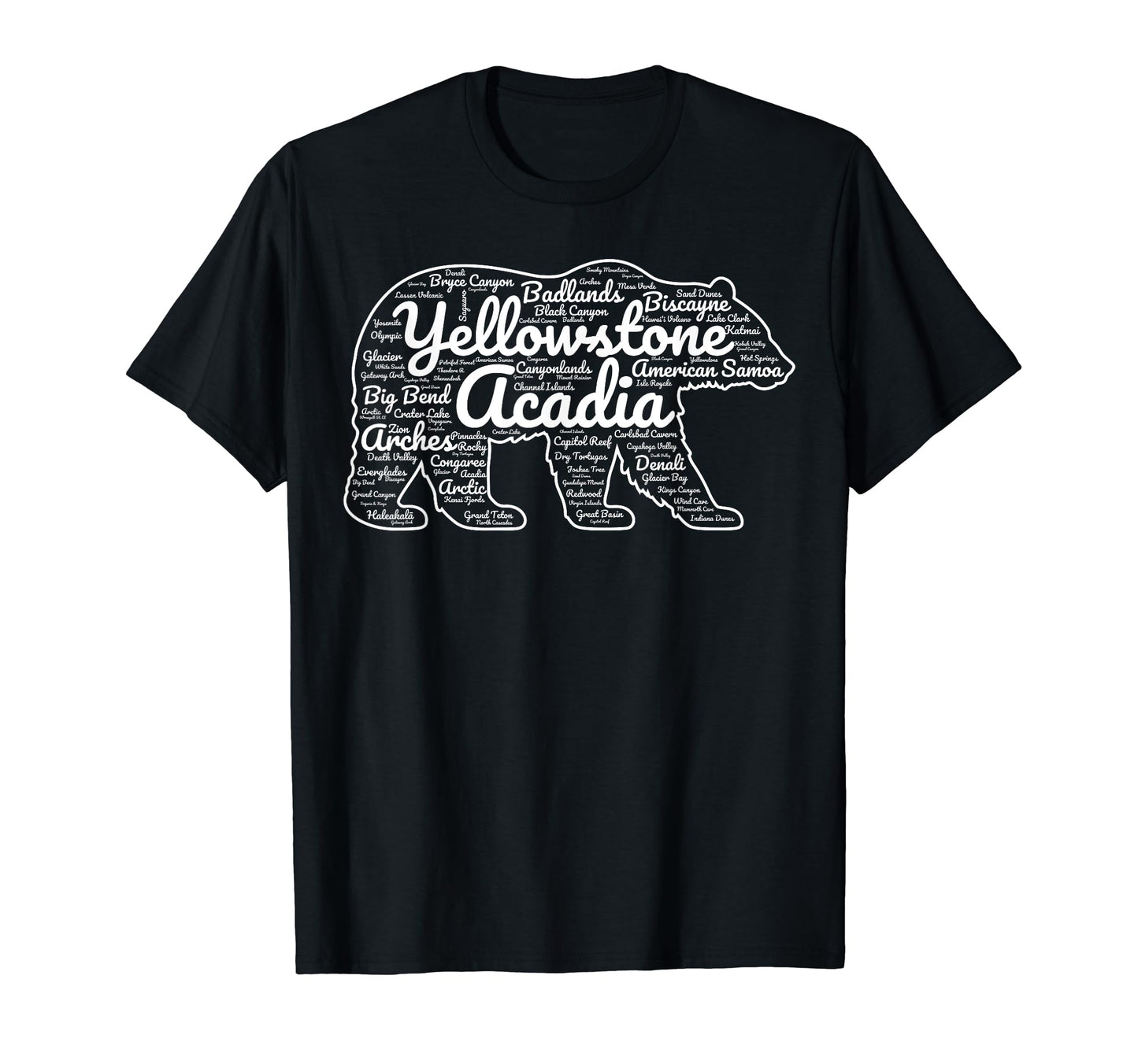 63 National Parks List Word Cloud Bear T-Shirt - Unique Graphic for Adults - T-Shirt, Sweatshirt, Hoodie