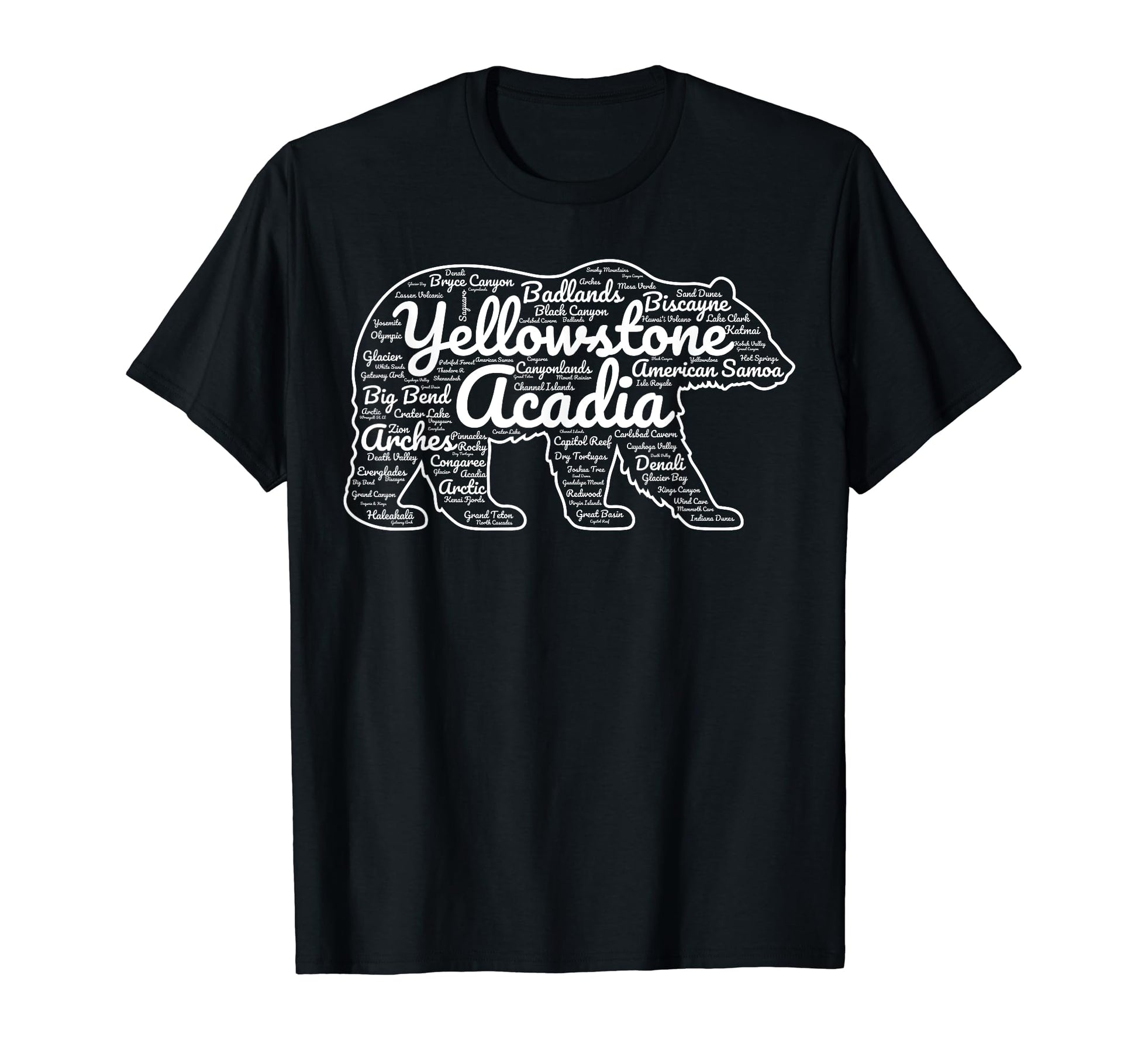63 National Parks List Word Cloud Bear T-Shirt - Unique Graphic for Adults - T-Shirt, Sweatshirt, Hoodie
