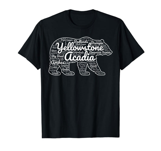 63 National Parks List Word Cloud Bear T-Shirt - Unique Graphic for Adults - T-Shirt, Sweatshirt, Hoodie