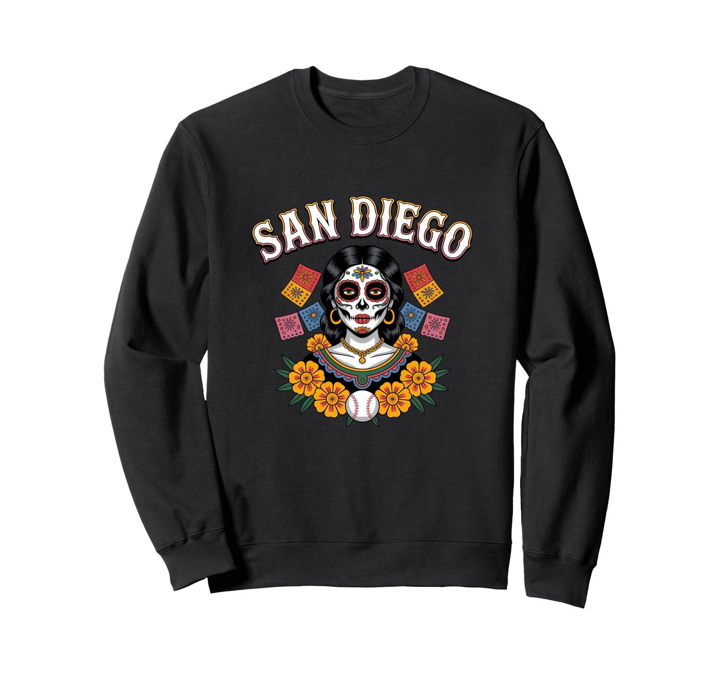 San Diego Sugar Skull Baseball Sweatshirt - Custom Art Print for Adults - T-Shirt, Sweatshirt, Hoodie