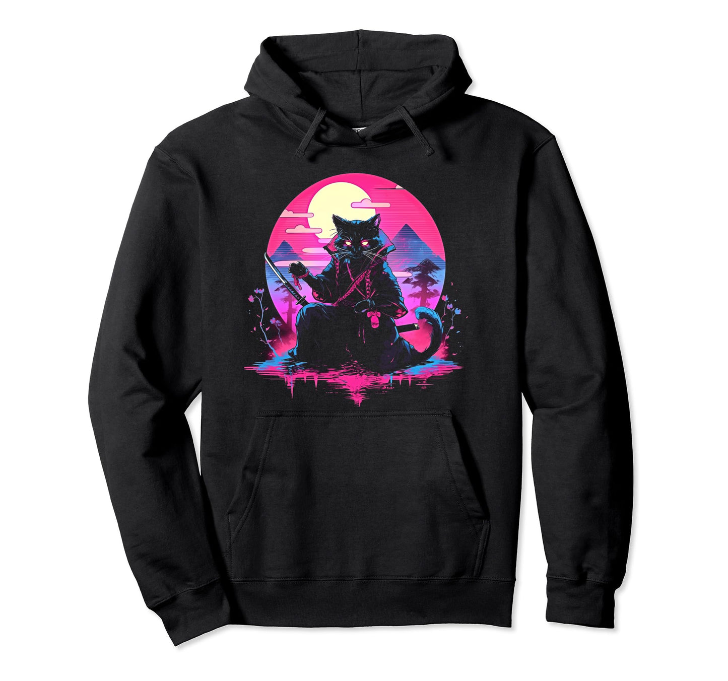 Synthwave Cat Samurai Mediation Hoodie - Trendy Graphic for Adults - T-Shirt, Sweatshirt, Hoodie