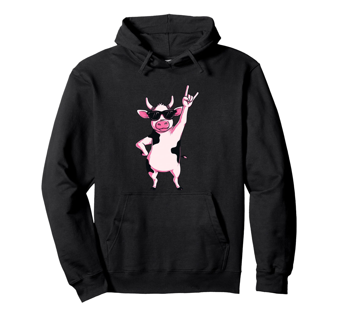 Cow Sunglasses Rock Hand Sign Punk Hoodie - Minimalist Print for Adults - T-Shirt, Sweatshirt, Hoodie