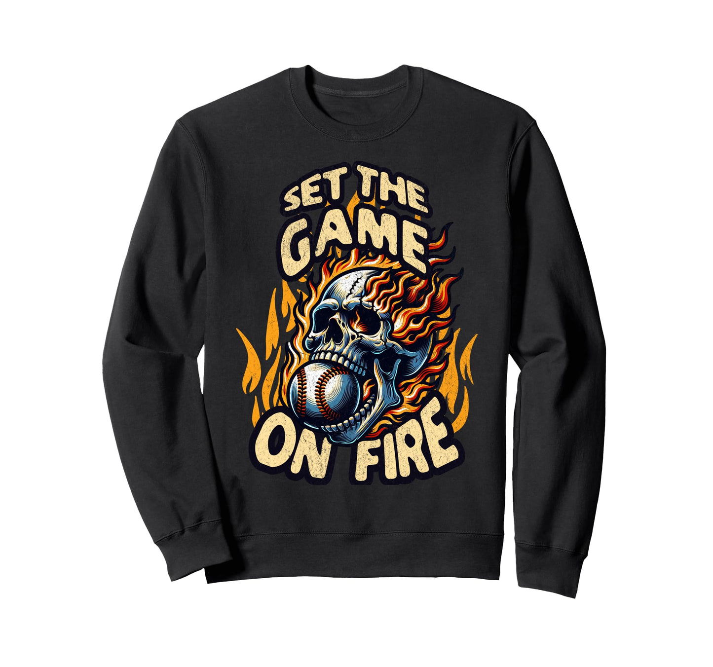 Set Game Fire Baseball Skull Flames Sweatshirt - Graphic Print for Adults - T-Shirt, Sweatshirt, Hoodie