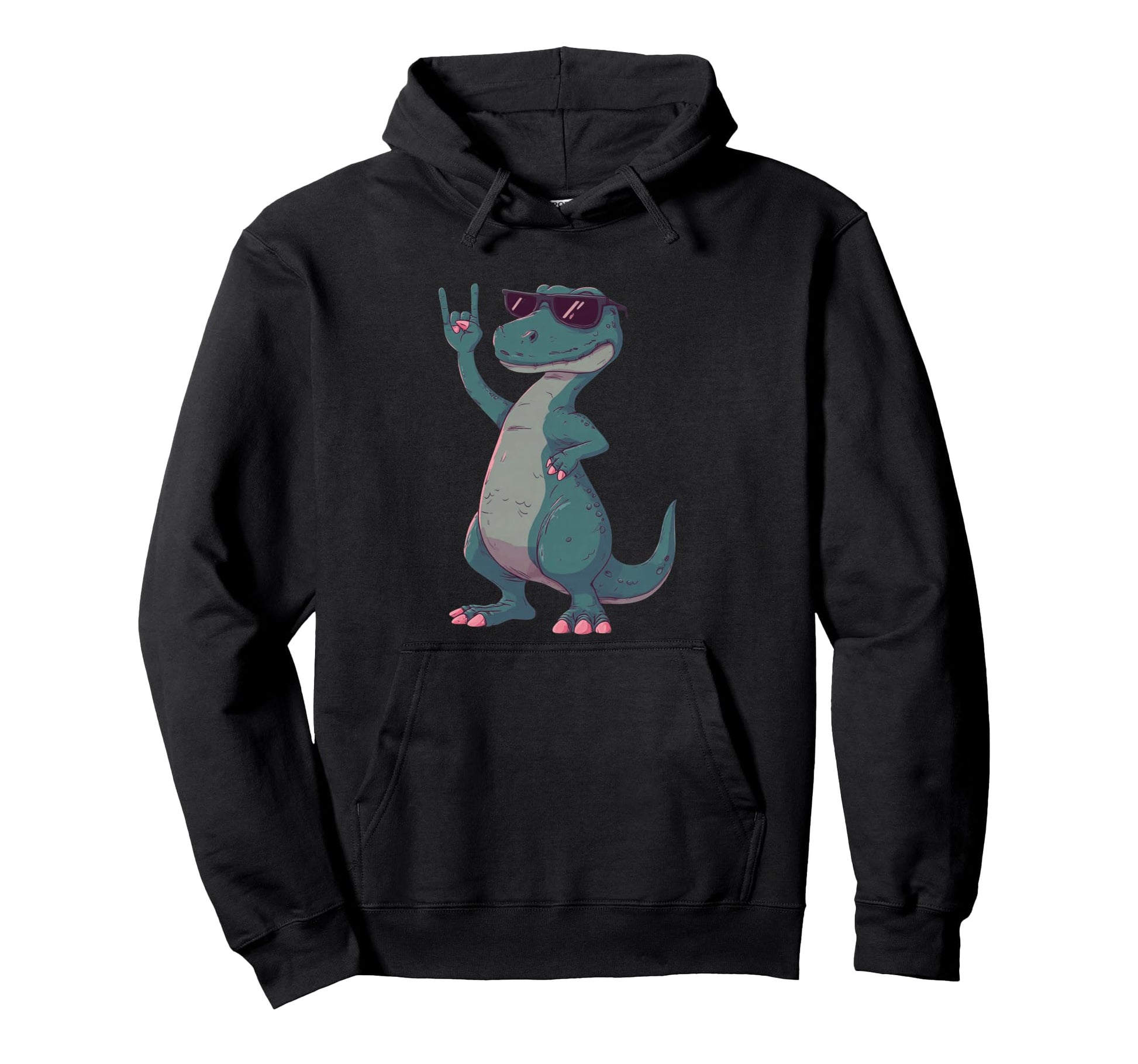 T Rex Dinosaur Rock Hand Sign Punk Mascot Hoodie - Minimalist Print Unisex - T-Shirt, Sweatshirt, Hoodie