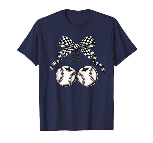 Baseball Cherries Coquette Bow T-Shirt - Minimalist Print for Adults - T-Shirt, Sweatshirt, Hoodie