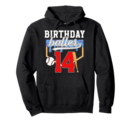 14Th Baseball Birthday 14 Year Old Baseball Hoodie - Graphic Print Unisex - T-Shirt, Sweatshirt, Hoodie