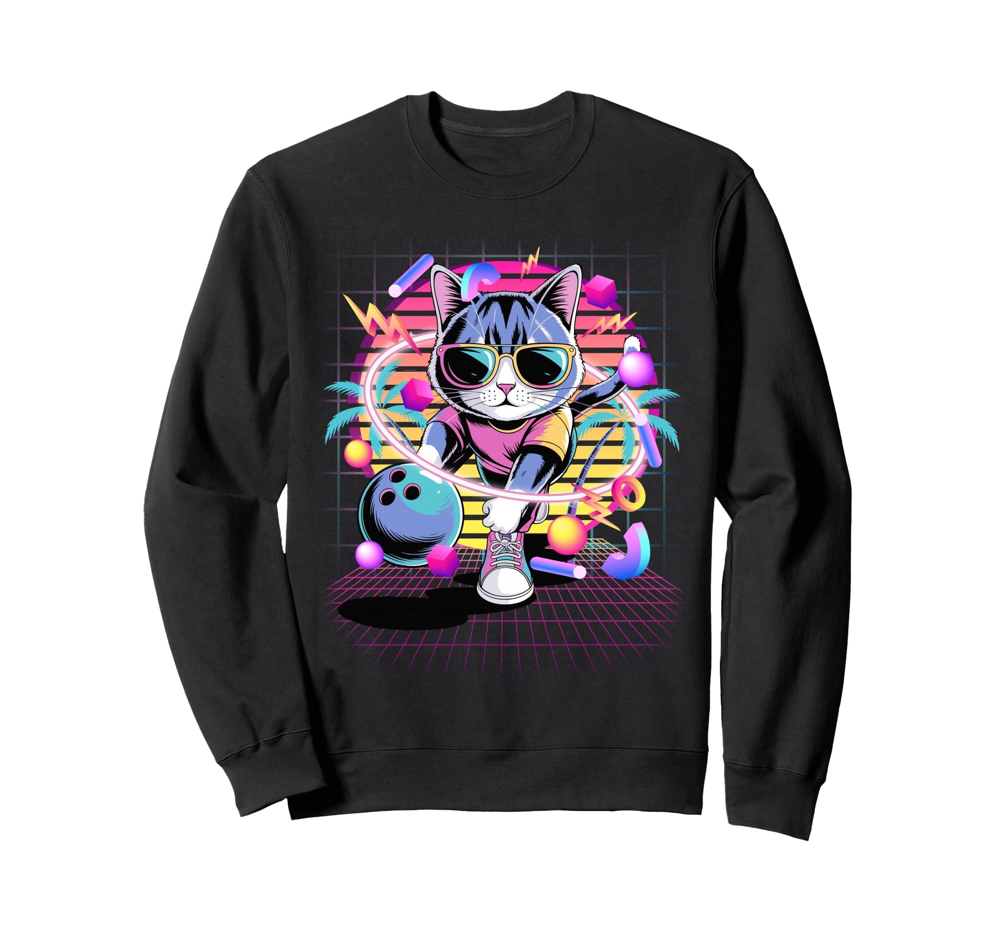 80S Vaporwave Cat Bowler Sweatshirt - Fun Novelty Design Men Women - T-Shirt, Sweatshirt, Hoodie