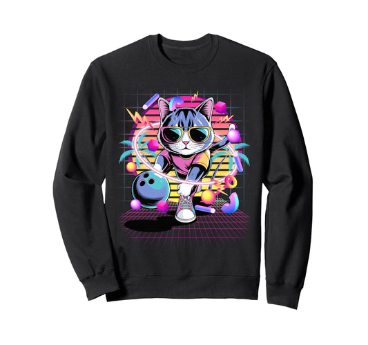 80S Vaporwave Cat Bowler Sweatshirt - Fun Novelty Design Men Women - T-Shirt, Sweatshirt, Hoodie
