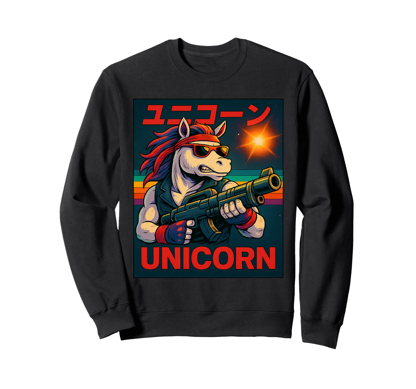 Radical 80S Action Unicorn Sweatshirt - Custom Art Print for Adults - T-Shirt, Sweatshirt, Hoodie
