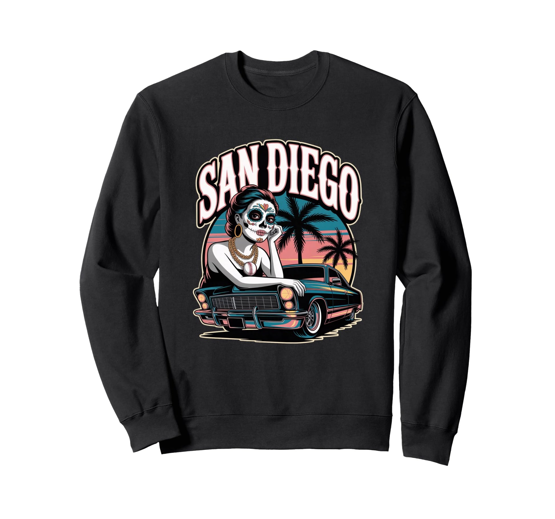 San Diego Sugar Skull Low Sweatshirt - Casual Everyday Wear for Adults - T-Shirt, Sweatshirt, Hoodie