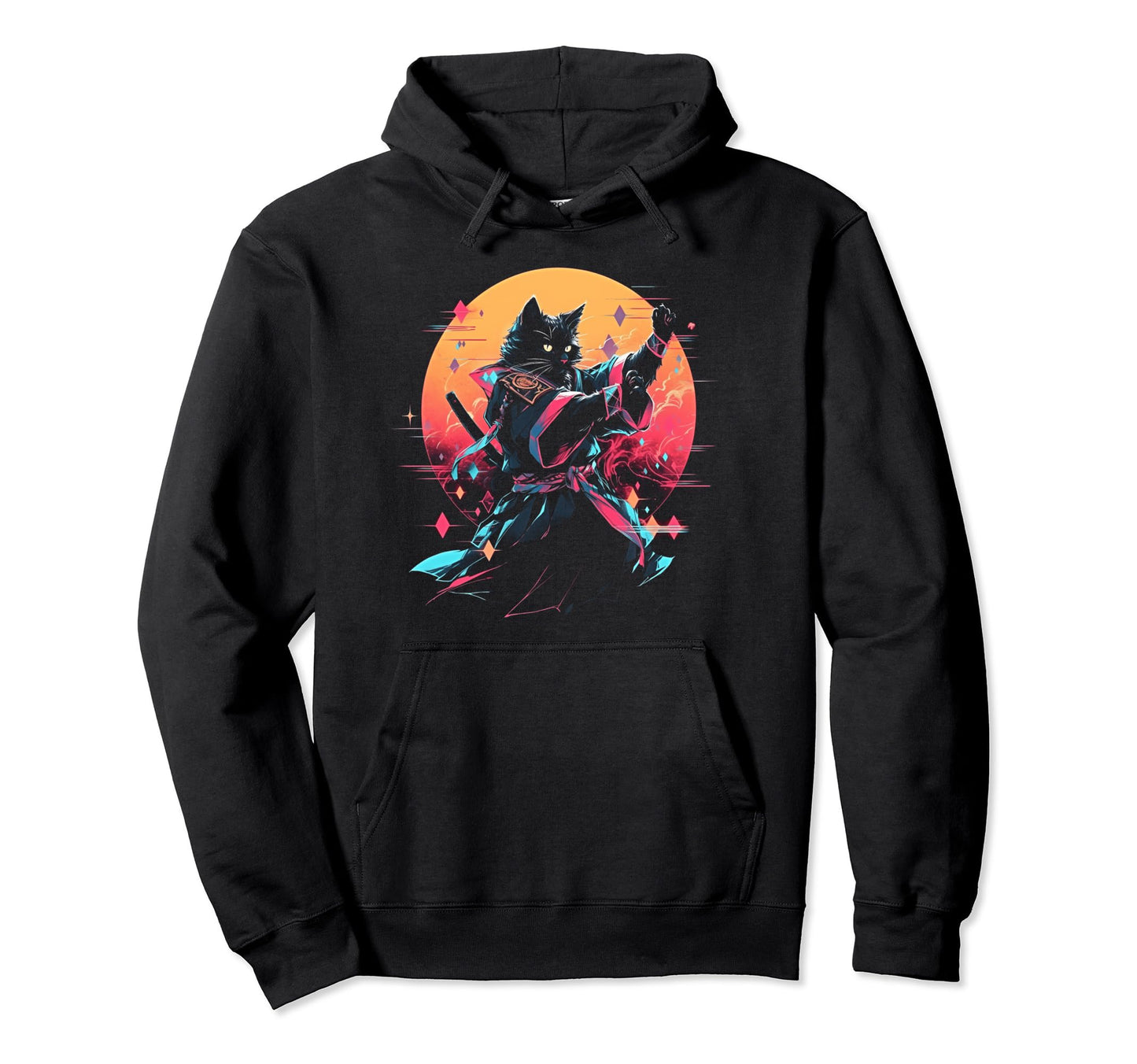 Synthwave Cat Samurai Mediation Hoodie - Aesthetic Graphic Unisex - T-Shirt, Sweatshirt, Hoodie