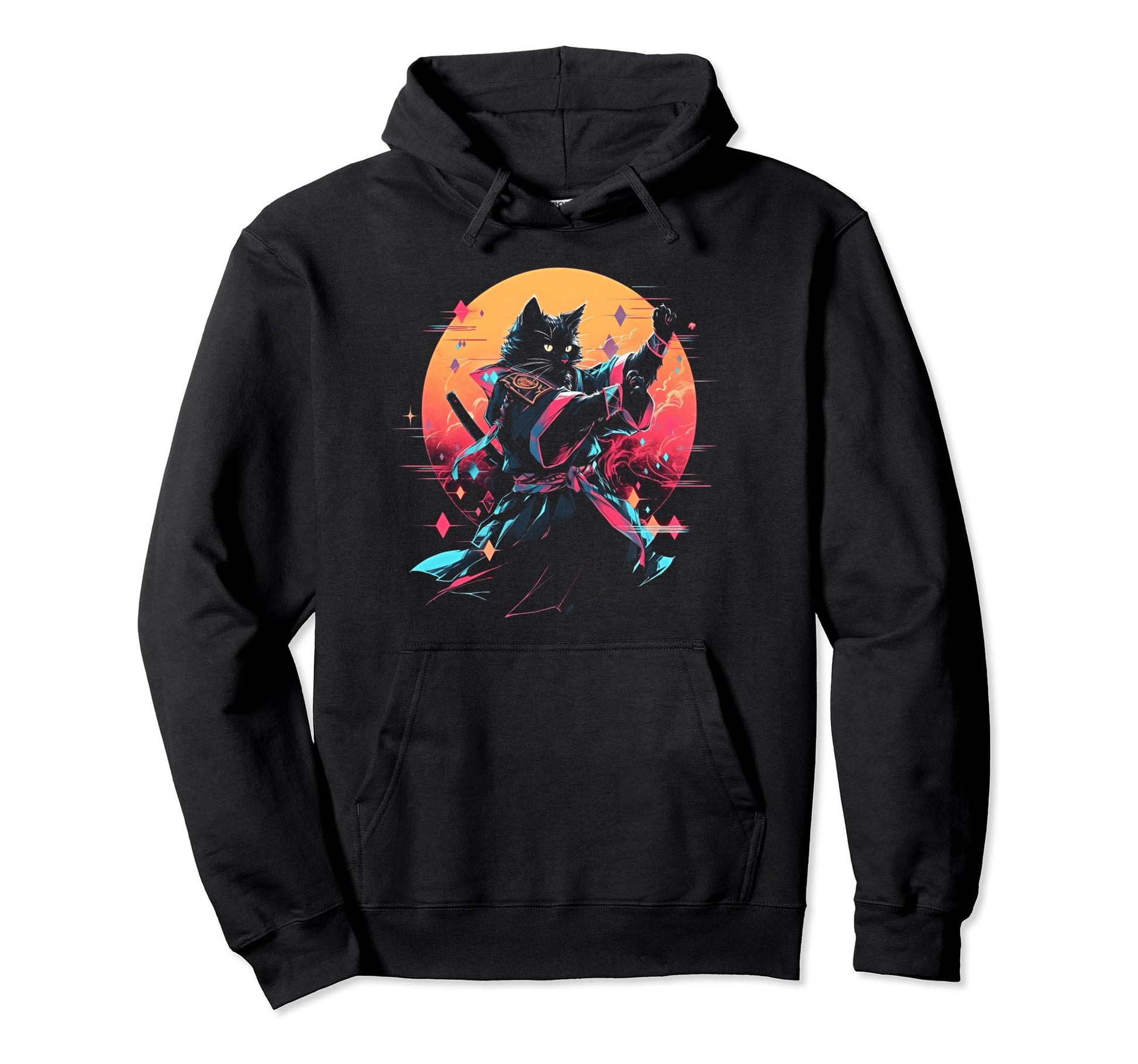 Synthwave Cat Samurai Mediation Hoodie - Aesthetic Graphic Unisex - T-Shirt, Sweatshirt, Hoodie