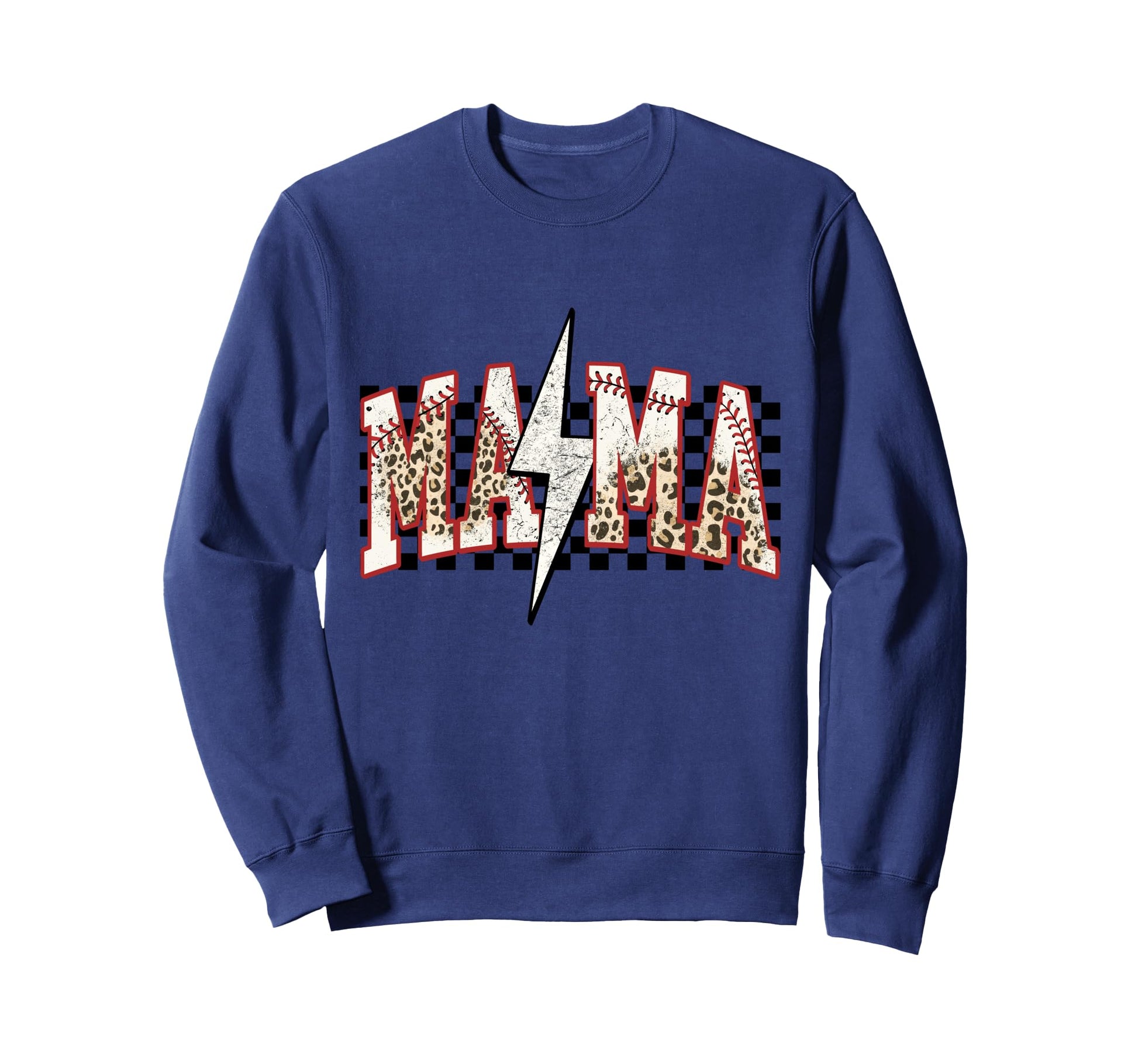 Baseball Mama Leopard Grunge Checkered Sweatshirt - Graphic Print Unisex - T-Shirt, Sweatshirt, Hoodie