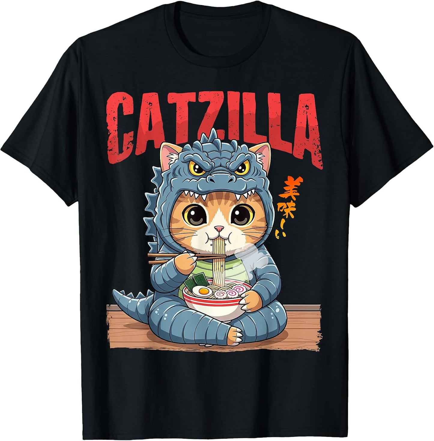 Funny Catzilla Eating Ramen Cute Cat Lover Japanese - Adult & Kids T-Shirts, Sweatshirts & Hoodies apparel design preview 1
