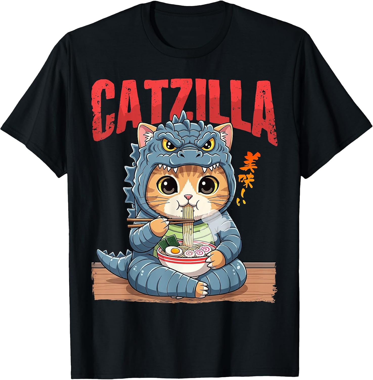 Funny Catzilla Eating Ramen Cute Cat Lover Japanese - Adult & Kids T-Shirts, Sweatshirts & Hoodies apparel design preview 1