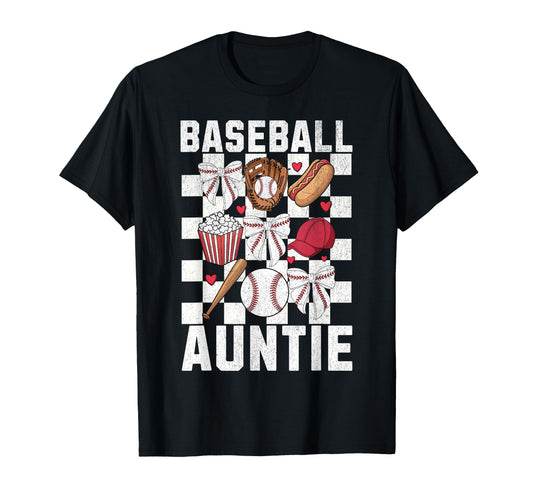 Baseball Aunt Coquette Bow Checkered T-Shirt - Trendy Graphic Unisex - T-Shirt, Sweatshirt, Hoodie