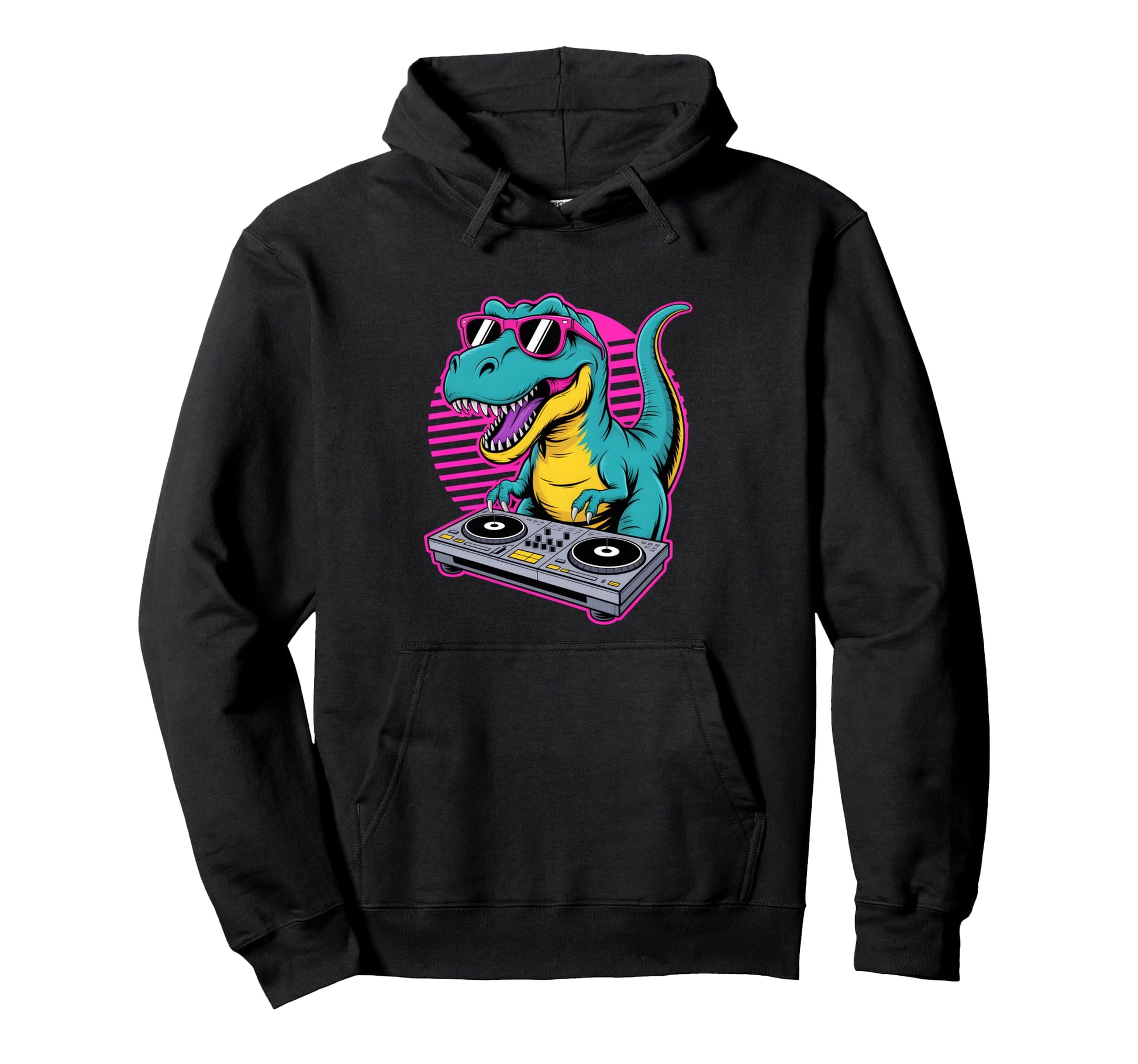Funny Dj Dinosaur Turntable Synthwave Hoodie - Custom Art Print for Adults - T-Shirt, Sweatshirt, Hoodie