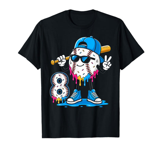 8Th Birthday Baseball Ice Cream Drip T-Shirt - Novelty Apparel for Adults - T-Shirt, Sweatshirt, Hoodie