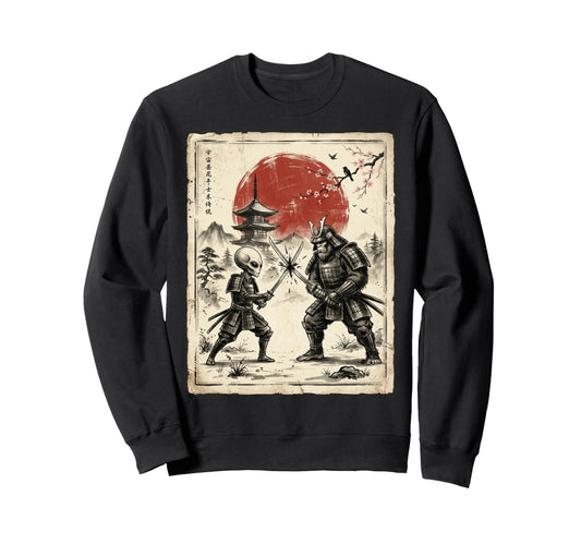 Alien Vs Bigfoot Samurai Duel Japanese Sweatshirt - Trendy Graphic Unisex - T-Shirt, Sweatshirt, Hoodie