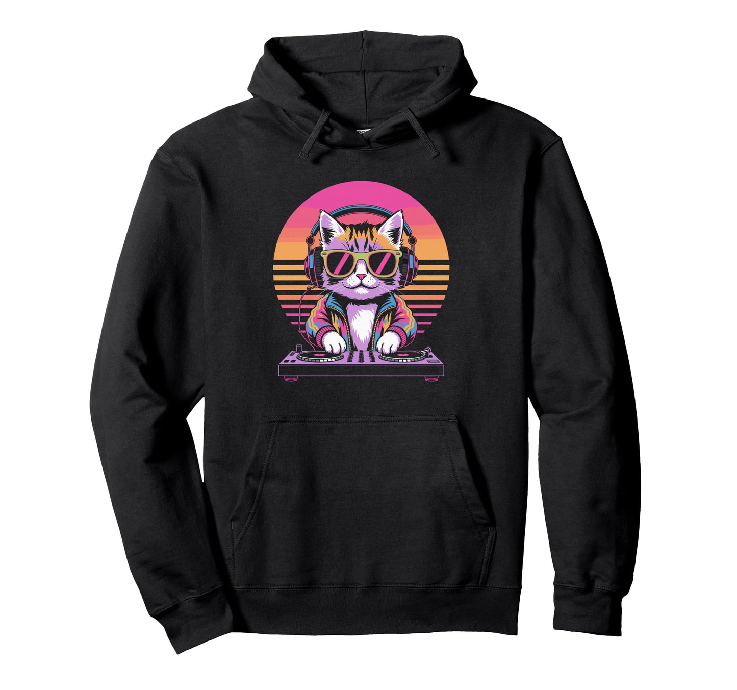 Synthwave Dj Cat Headphones Hoodie - Aesthetic Graphic Men Women - T-Shirt, Sweatshirt, Hoodie