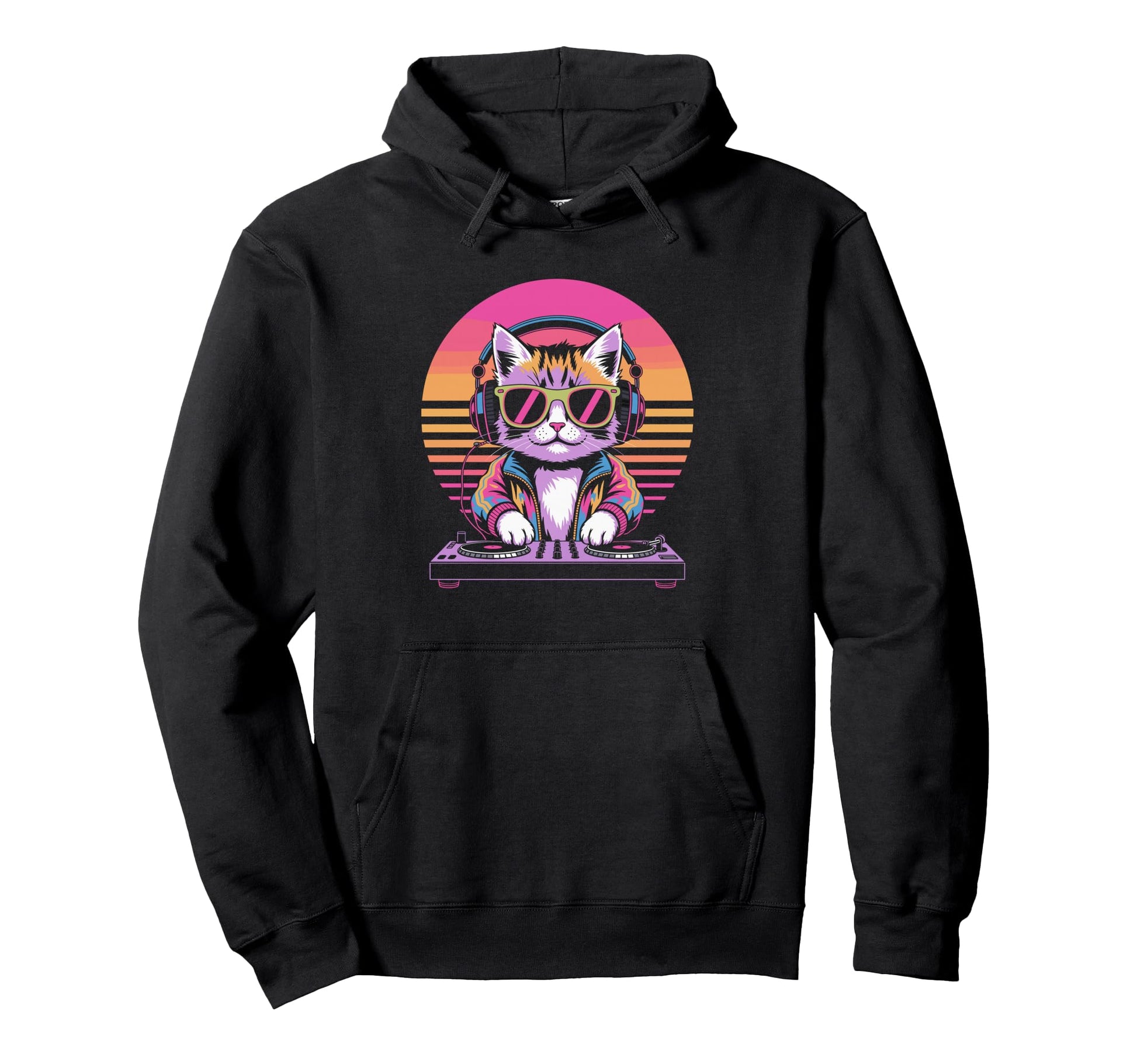 Synthwave Dj Cat Headphones Hoodie - Aesthetic Graphic Men Women - T-Shirt, Sweatshirt, Hoodie
