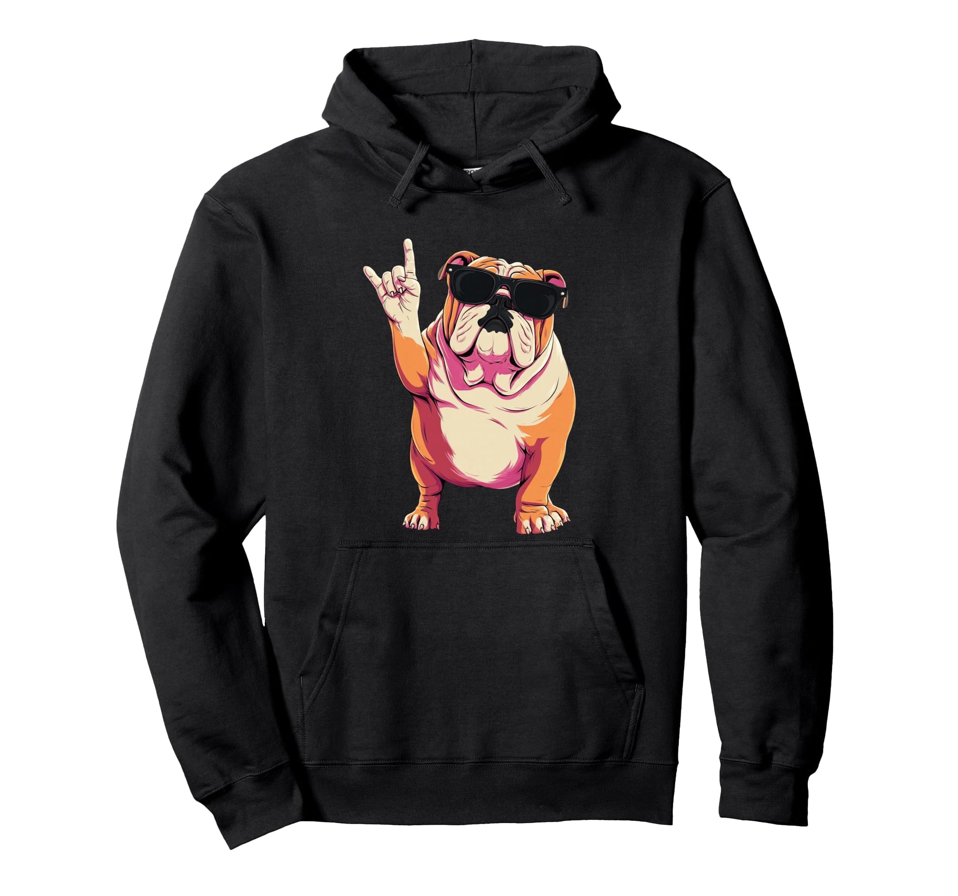 English Bulldog Rock Hand Sign Punk Dog Hoodie - Streetwear Style Unisex - T-Shirt, Sweatshirt, Hoodie