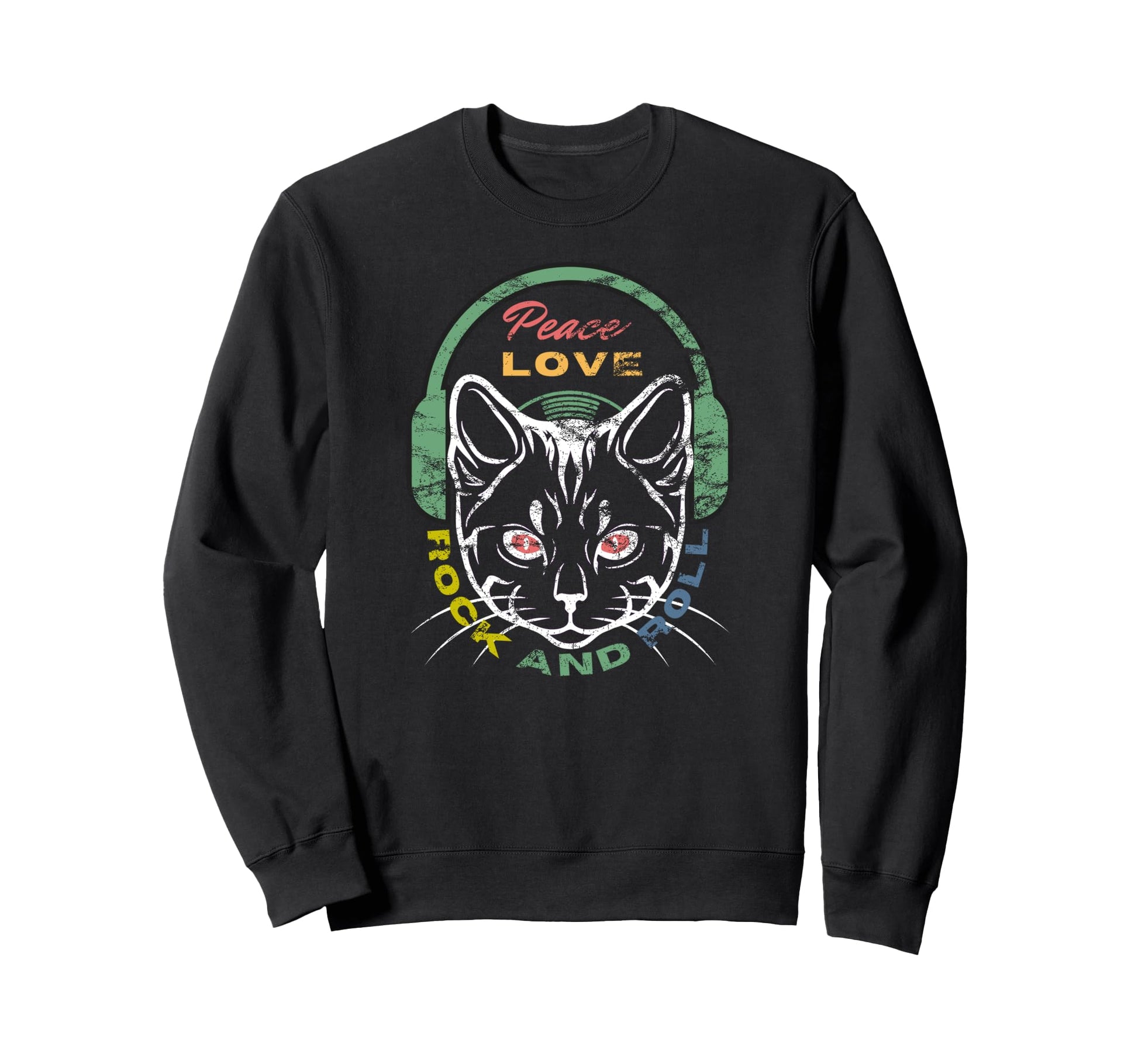 Peace Love Rock And Roll Cat Dj Sweatshirt - Aesthetic Graphic for Adults - T-Shirt, Sweatshirt, Hoodie