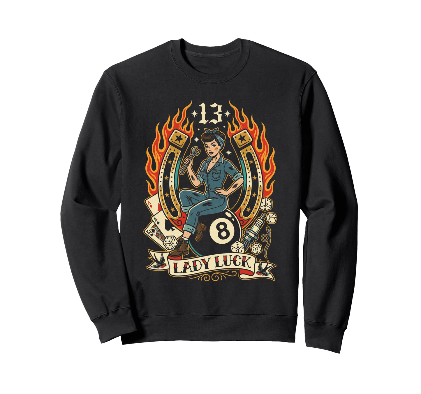 Pinup Mechanic Thirteenth Fortune Sweatshirt - Trendy Graphic for Adults - T-Shirt, Sweatshirt, Hoodie