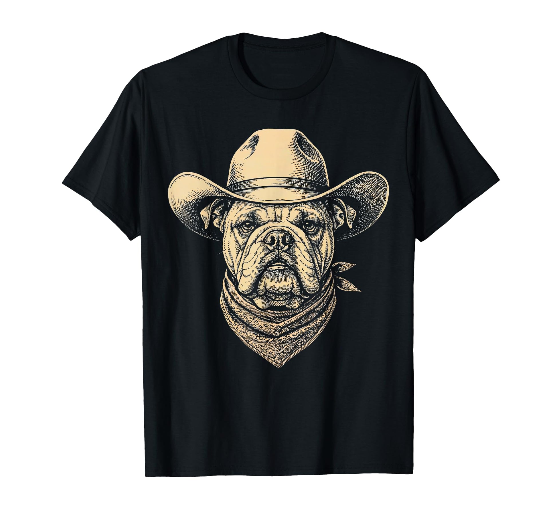 English Bulldog Cowboy Hat Bandana T-Shirt - Custom Art Print for Adults - T-Shirt, Sweatshirt, Hoodie