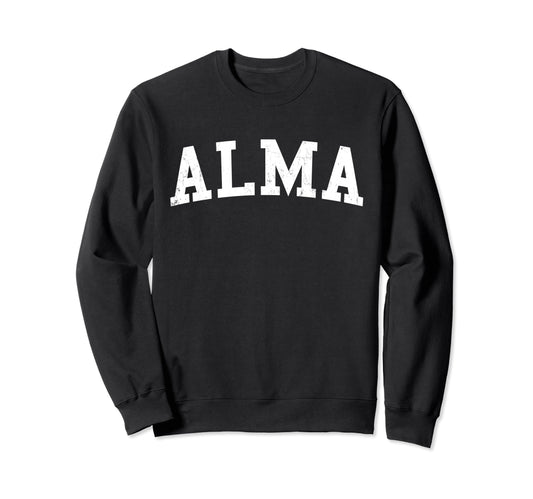 Alma Mi Distressed White Varsity Sweatshirt - Trendy Graphic for Adults - T-Shirt, Sweatshirt, Hoodie
