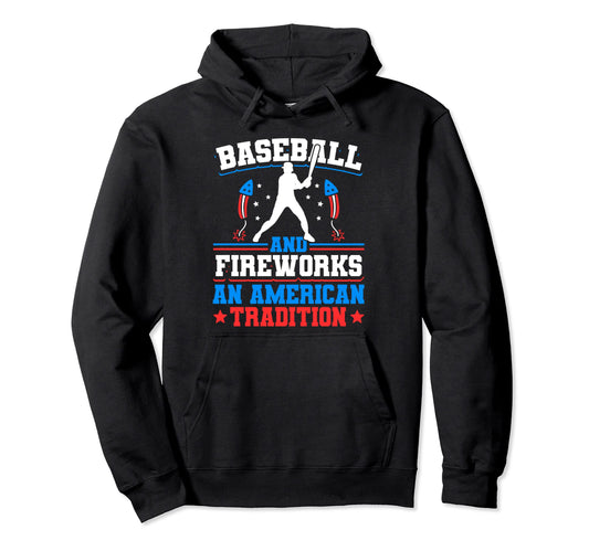 Baseball And Firework American Tradition Hoodie - Graphic Print Men Women - T-Shirt, Sweatshirt, Hoodie
