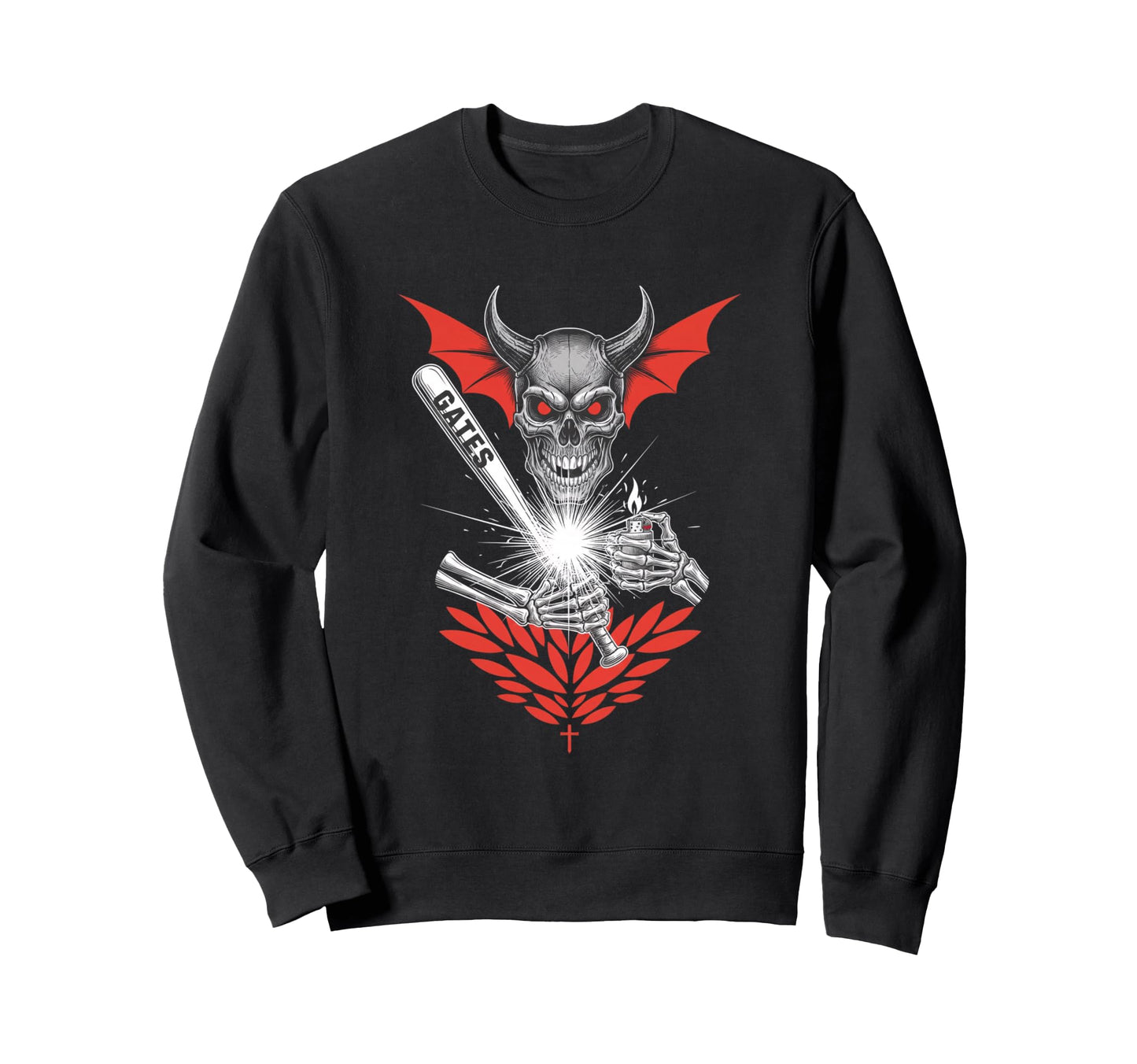 Gates Skull Demon Baseball Bat Sweatshirt - Trendy Graphic for Adults - T-Shirt, Sweatshirt, Hoodie