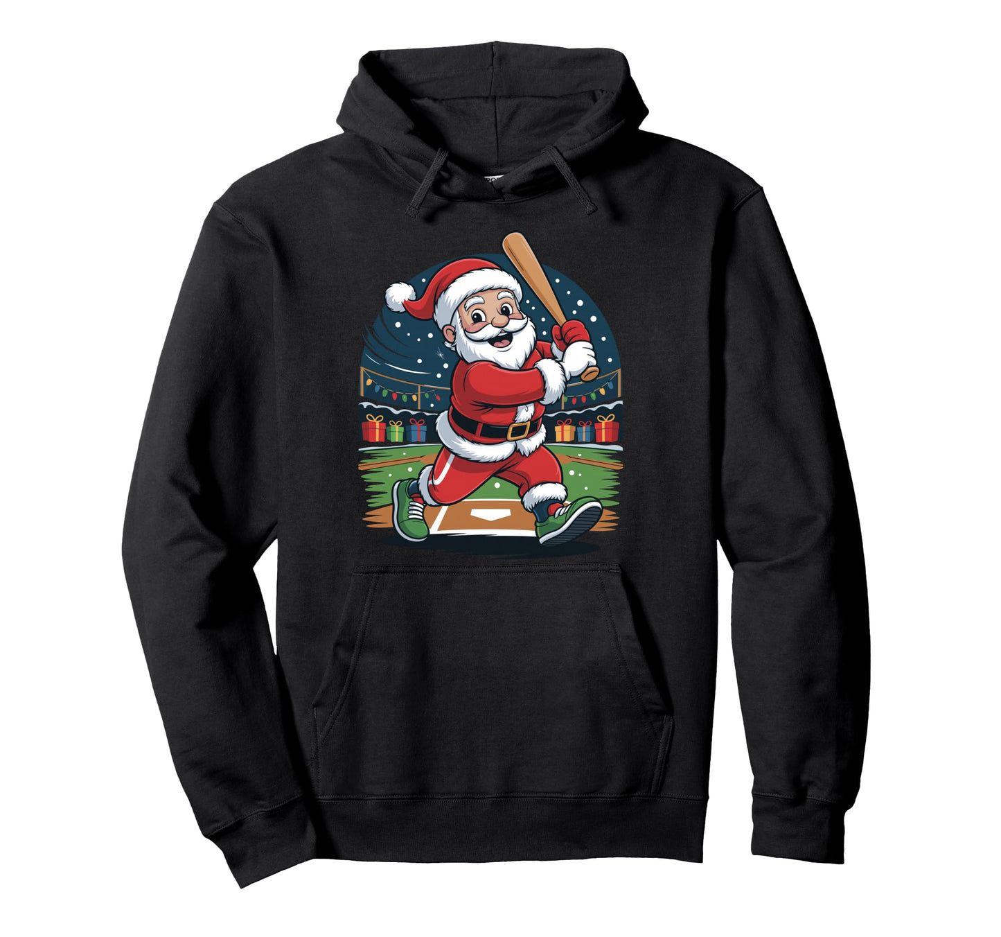 Santa Playing Baseball Funny Holiday Pajama Hoodie - Trendy Graphic Unisex - T-Shirt, Sweatshirt, Hoodie
