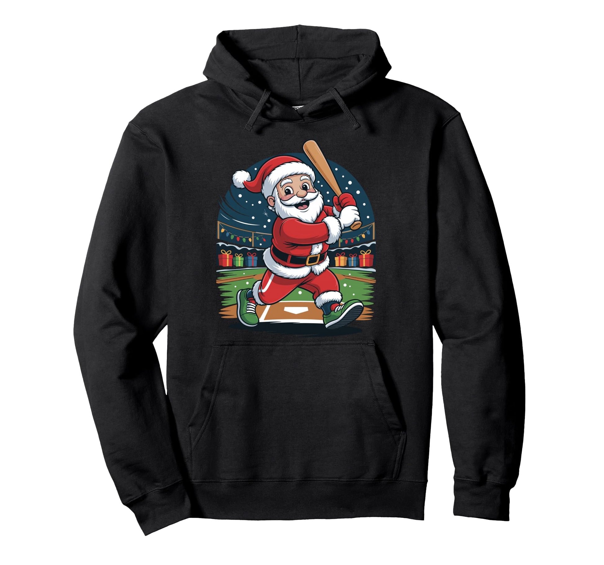 Santa Playing Baseball Funny Holiday Pajama Hoodie - Trendy Graphic Unisex - T-Shirt, Sweatshirt, Hoodie