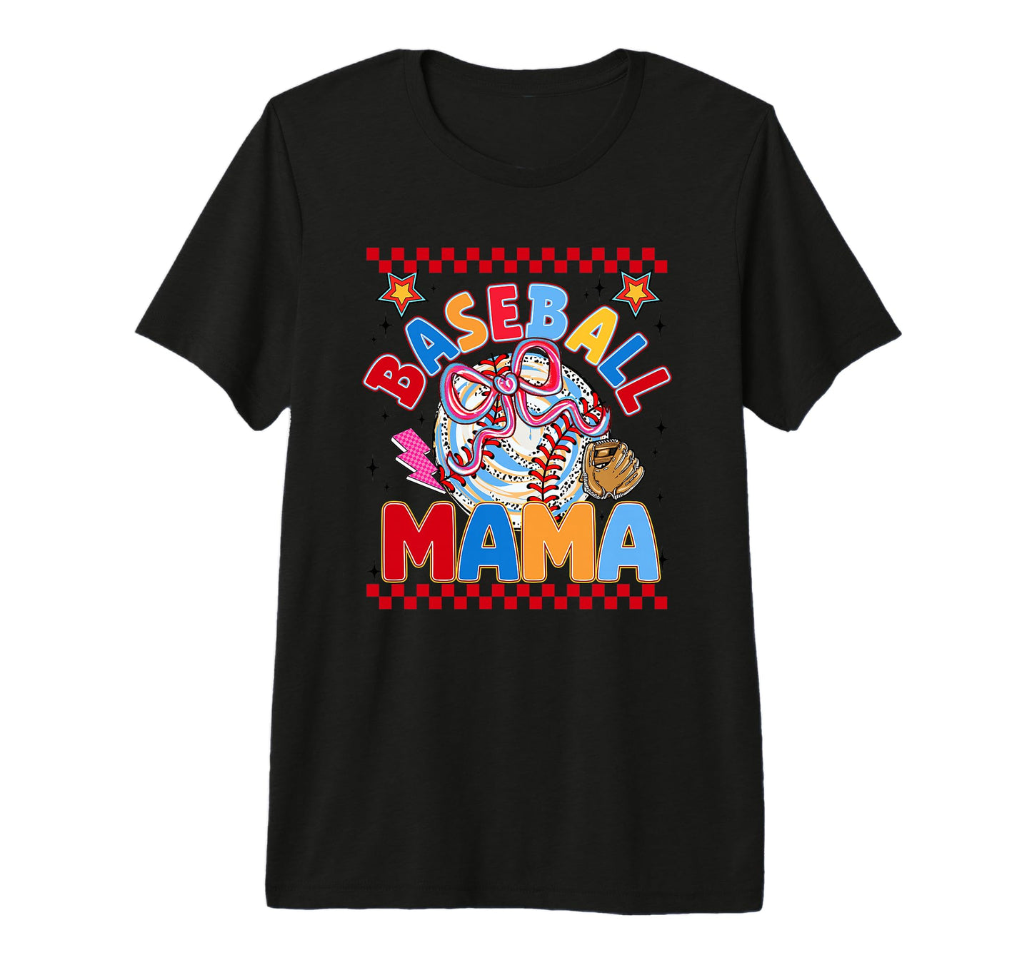 Baseball Mama Bow Glove Checkered Game T-Shirt - Trendy Graphic for Adults - T-Shirt, Sweatshirt, Hoodie