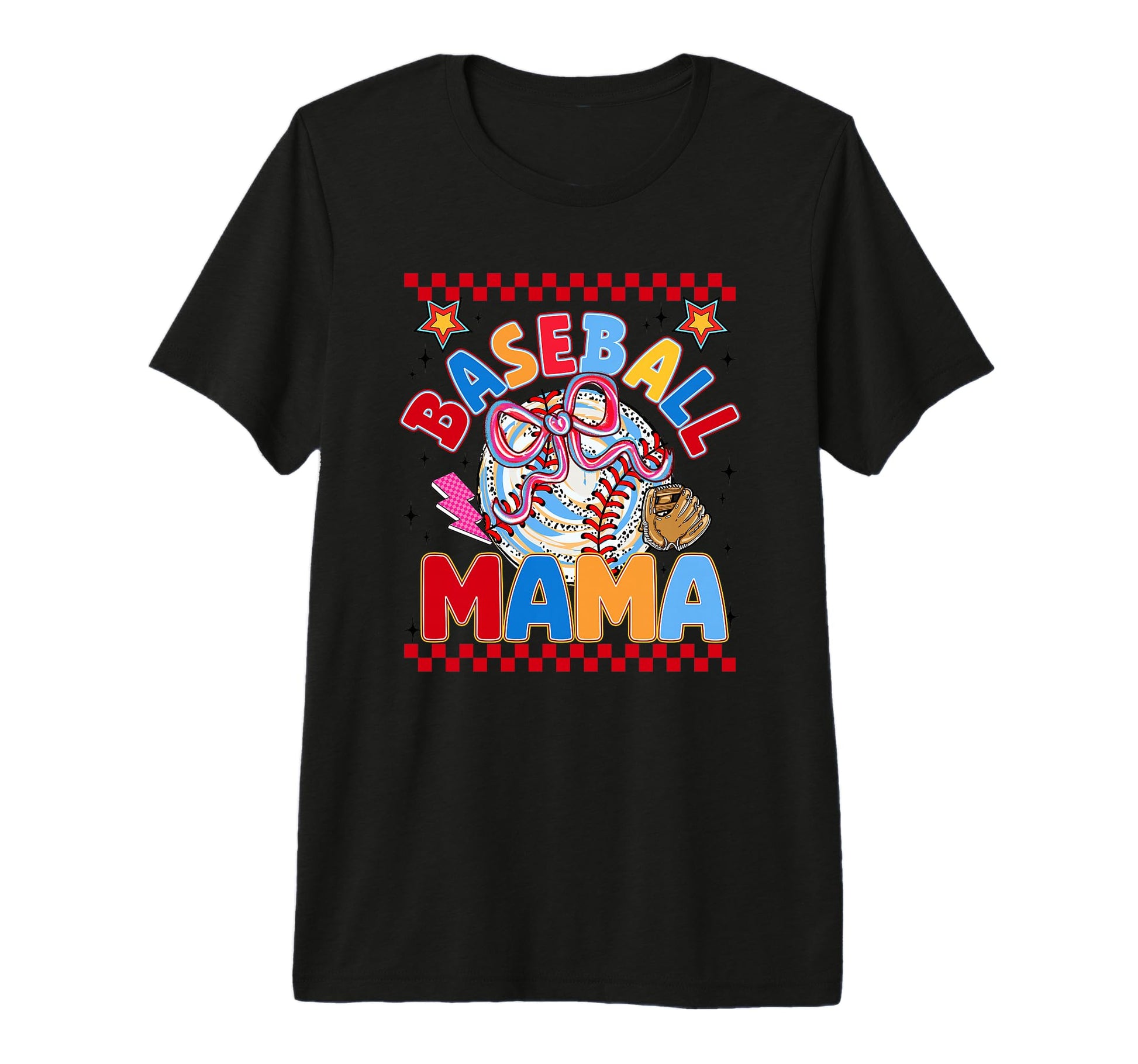 Baseball Mama Bow Glove Checkered Game T-Shirt - Trendy Graphic for Adults - T-Shirt, Sweatshirt, Hoodie