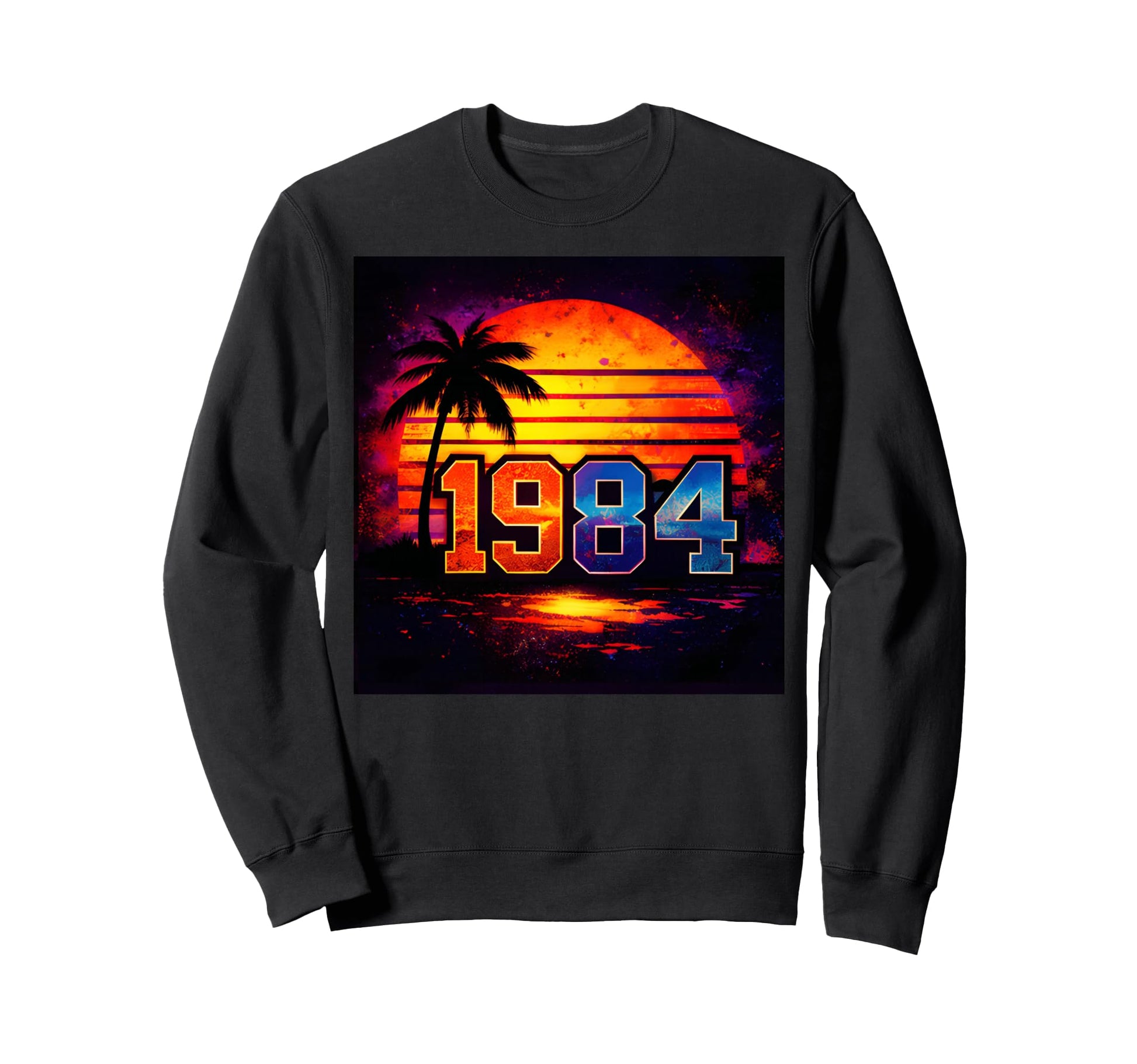 1984 Sunset Palm Tree Synthwave Sweatshirt - Custom Art Print Men Women - T-Shirt, Sweatshirt, Hoodie