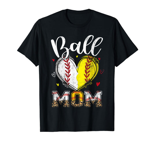 Ball Mom Softball Baseball Heart T-Shirt - Aesthetic Graphic for Adults - T-Shirt, Sweatshirt, Hoodie